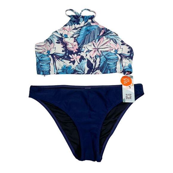 NWT Floral Bikini 2 Piece Swimsuits Halter High Neck Sporty Size Large UPF 50+ - Picture 2 of 9